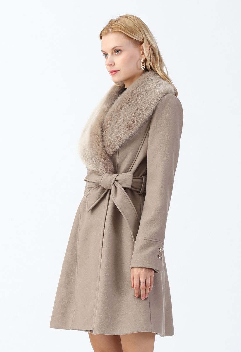 Faux Fur Collar Belted Flare Coat in Taupe
