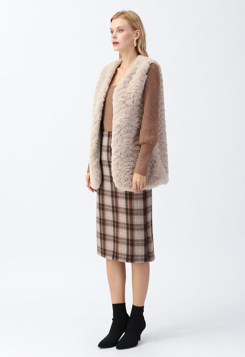 Faux Fur Mid-Length Vest in Sand