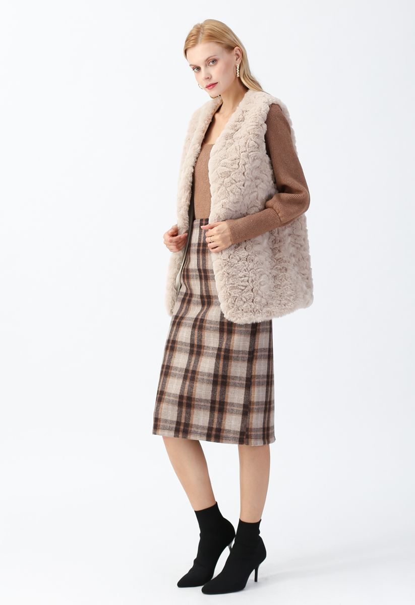 Faux Fur Mid-Length Vest in Sand