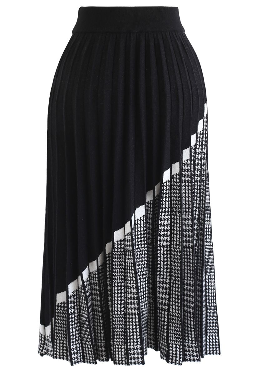 Houndstooth Hem Pleated Knit A-Line Midi Skirt