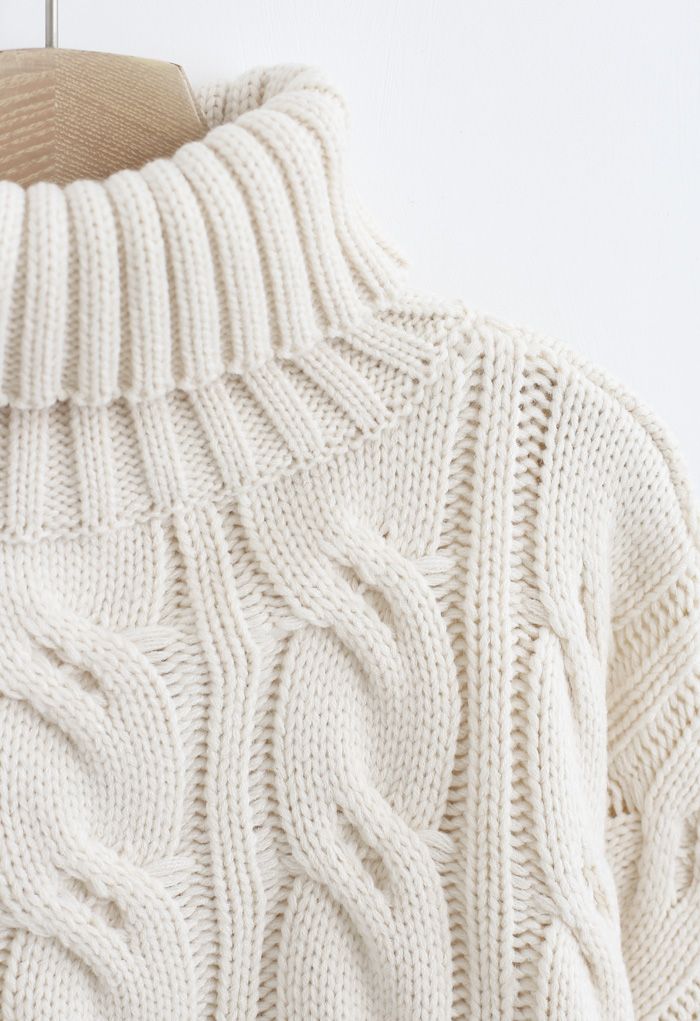 Turtleneck Braid Knit Crop Sweater in Sand