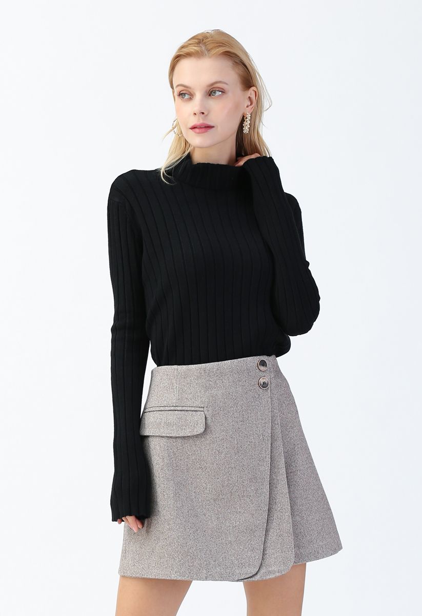 Double Flap Wool-Blend Mini Skirt in Grey