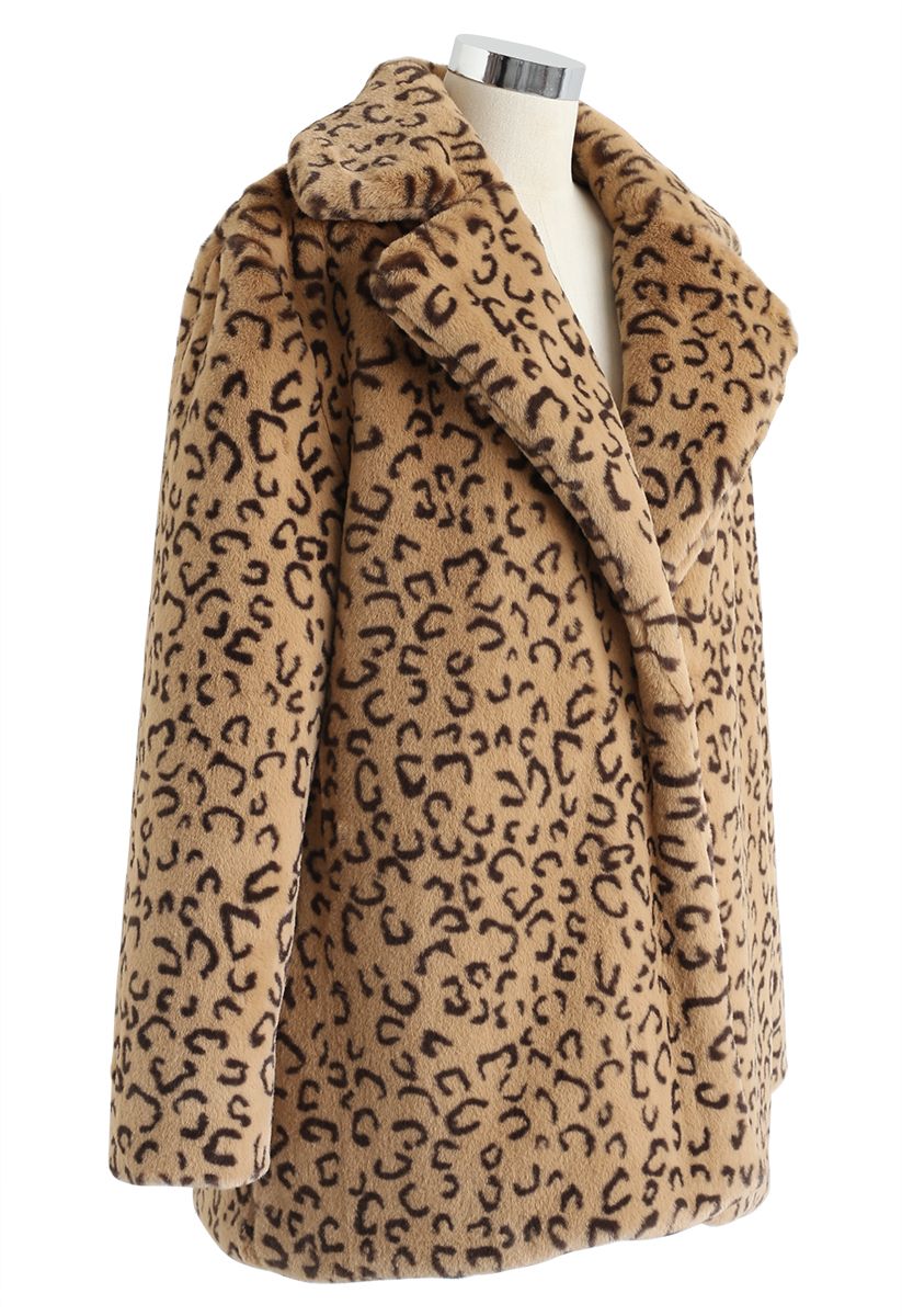 Collared Leopard Faux Fur Coat in Tan