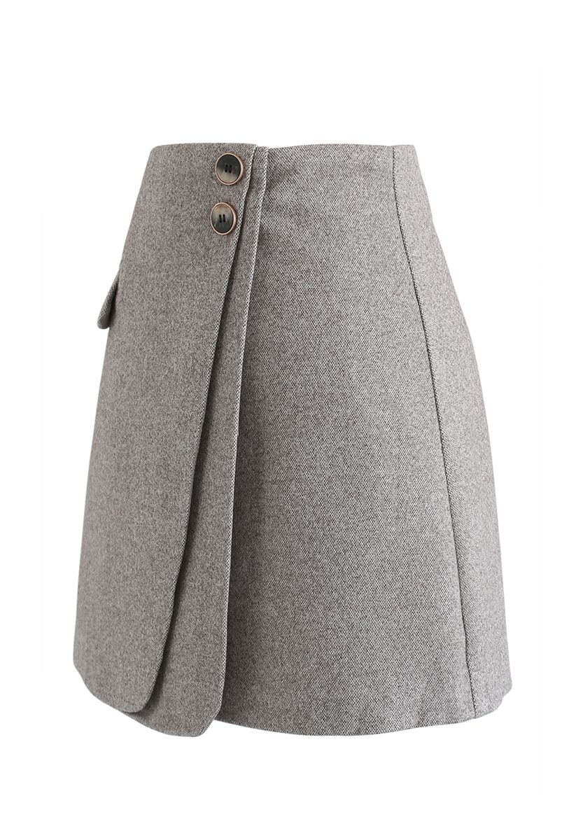 Double Flap Wool-Blend Mini Skirt in Grey