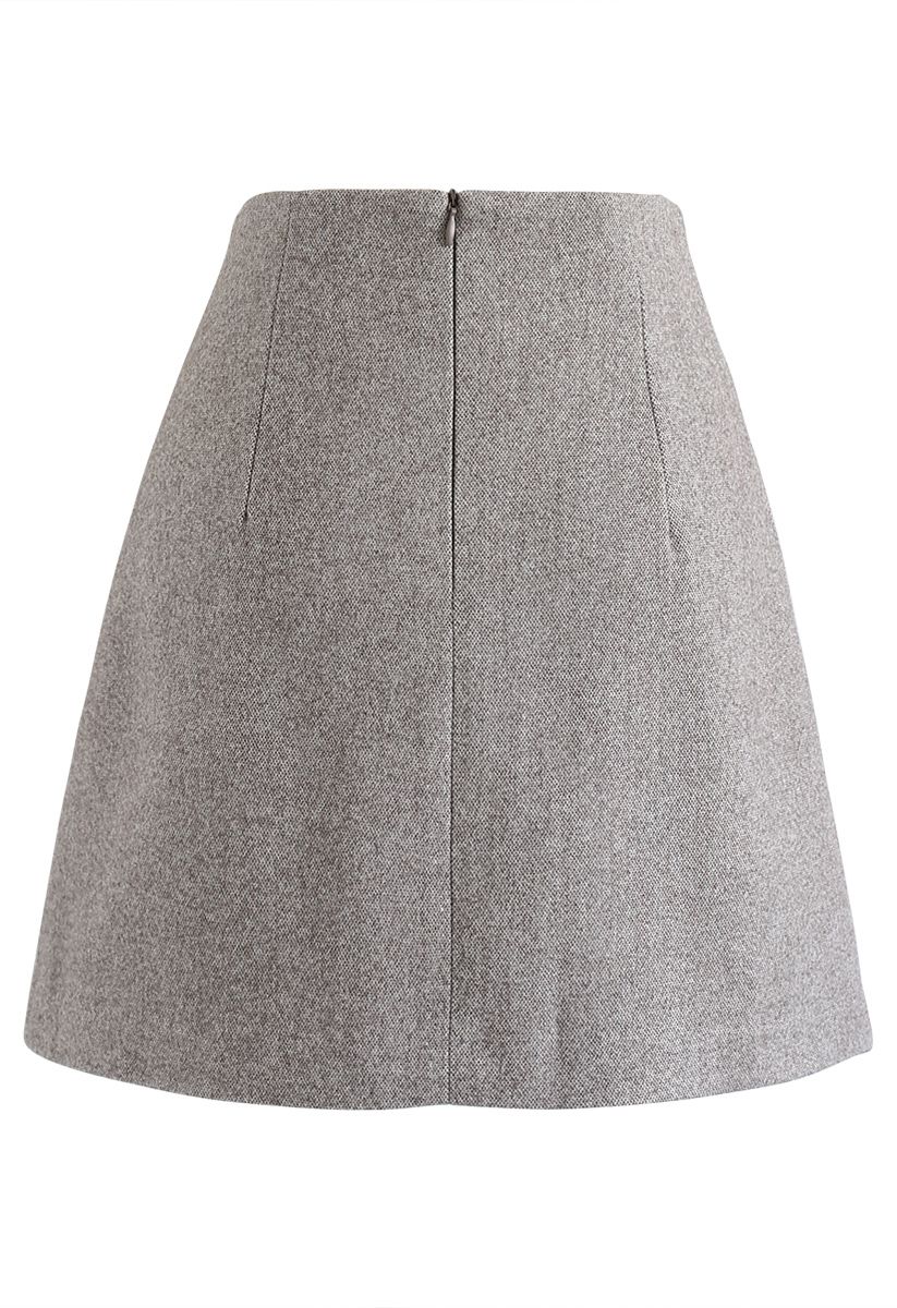 Double Flap Wool-Blend Mini Skirt in Grey