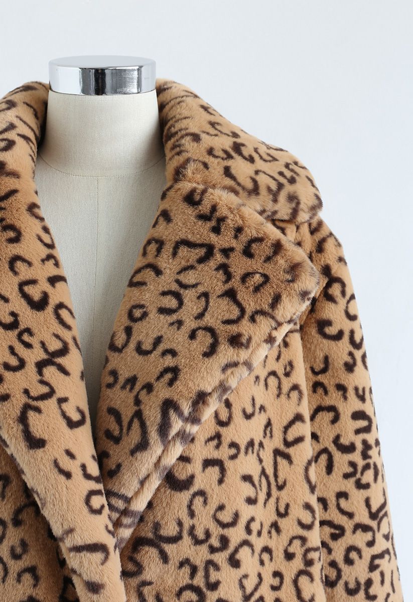 Collared Leopard Faux Fur Coat in Tan