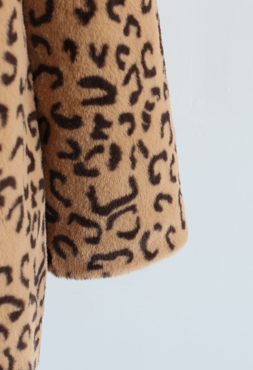 Collared Leopard Faux Fur Coat in Tan
