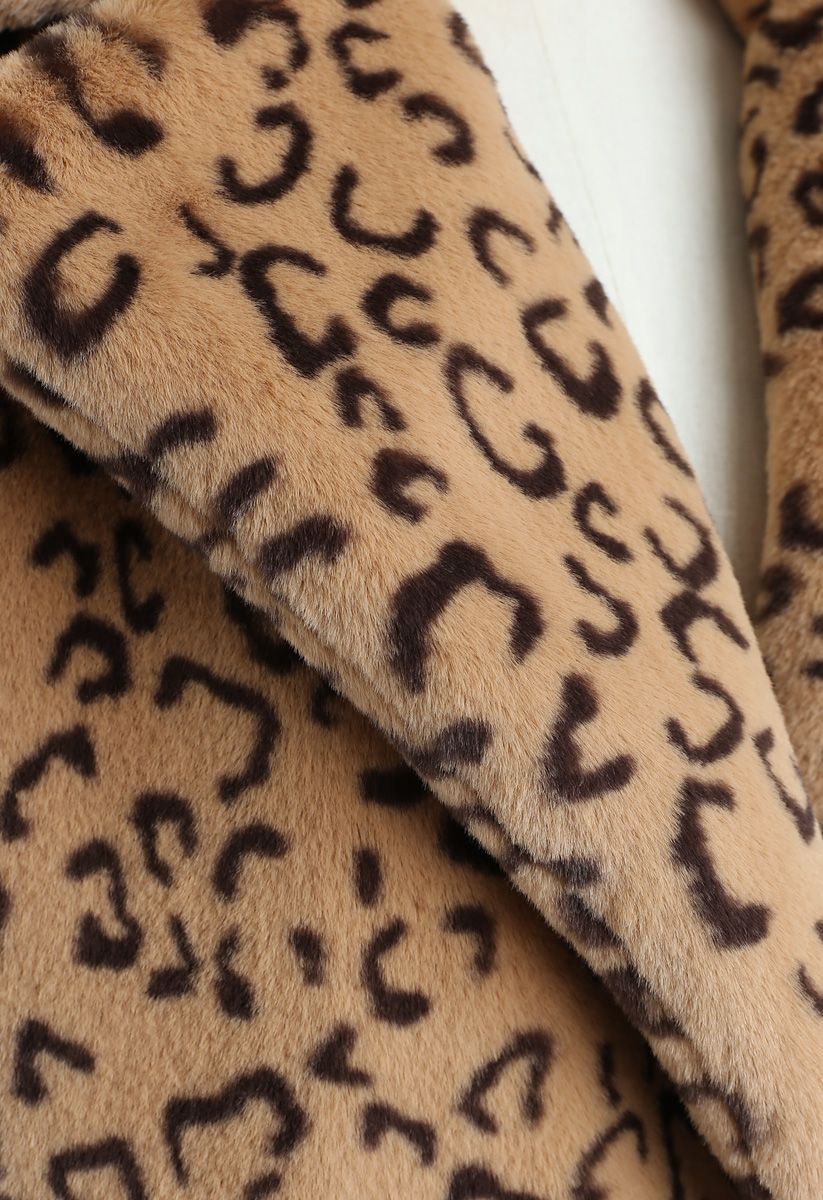 Collared Leopard Faux Fur Coat in Tan