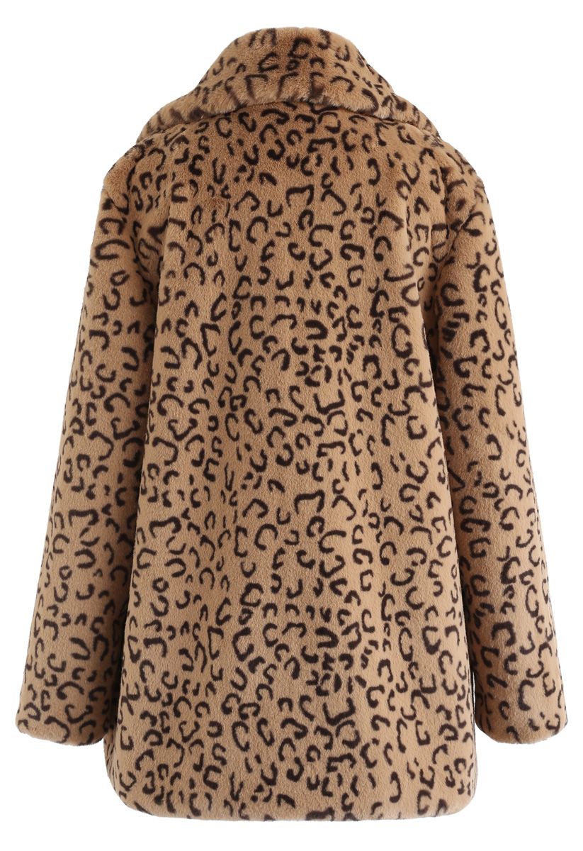 Collared Leopard Faux Fur Coat in Tan