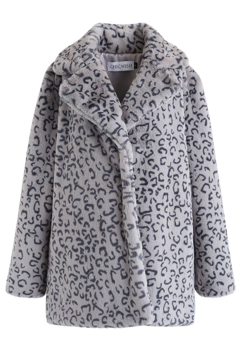 Collared Leopard Faux Fur Coat in Grey