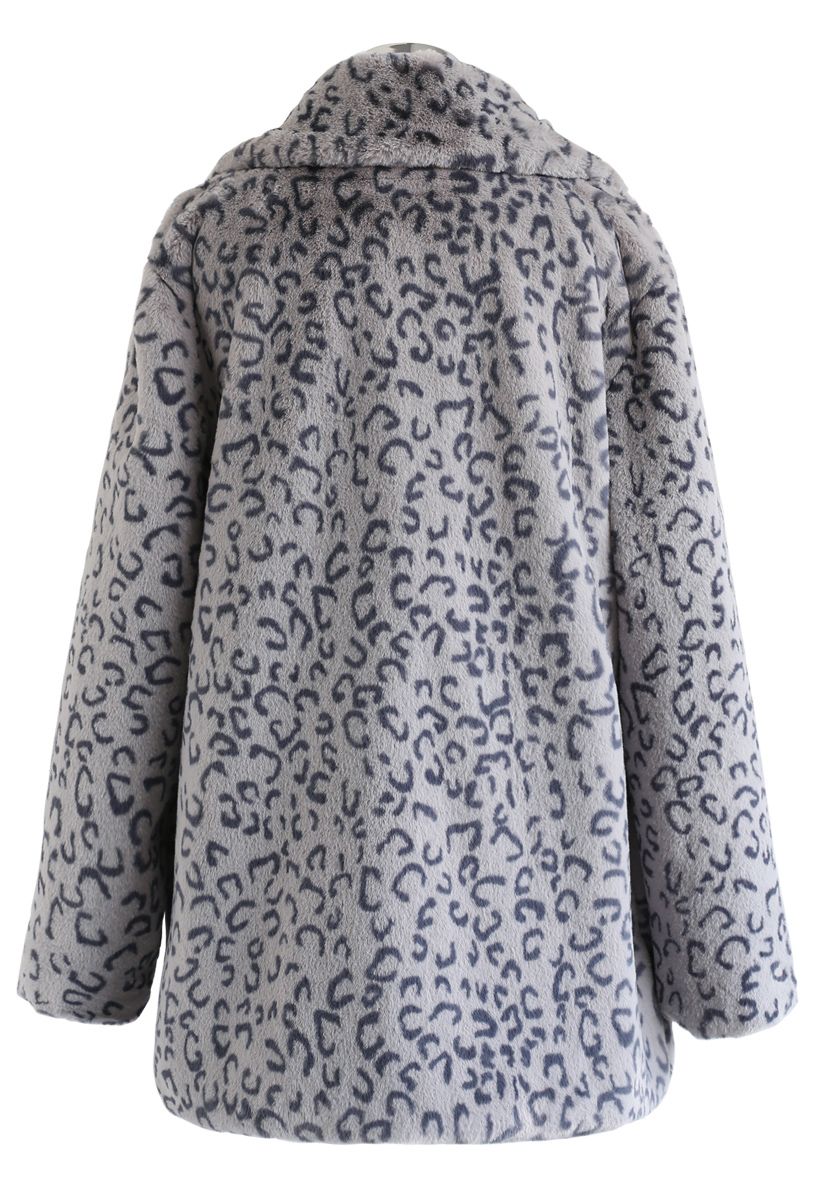 Collared Leopard Faux Fur Coat in Grey