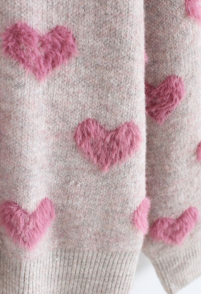 Contrast Color Fuzzy Hearts Knit Sweater