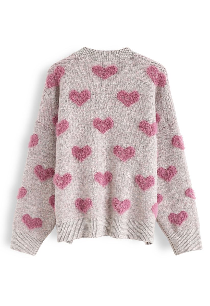 Contrast Color Fuzzy Hearts Knit Sweater