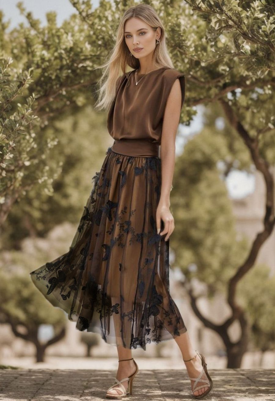 3D Butterfly Double-Layered Mesh Midi Skirt in Tan