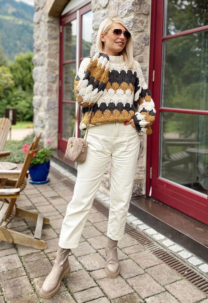 Color Blocked High Neck Hand-Knit Chunky Sweater in Smoke