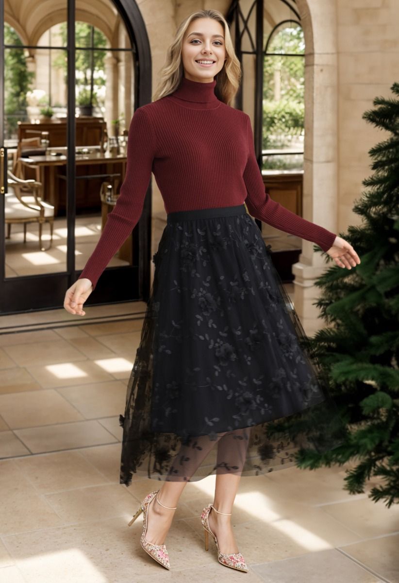 3D Mesh Flower Embroidered Tulle Midi Skirt in Black