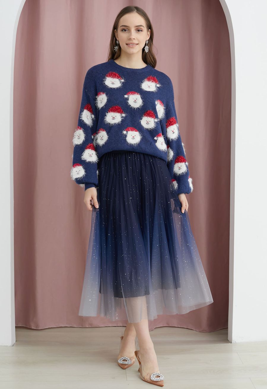 Fuzzy Santa Claus Knit Top in Indigo