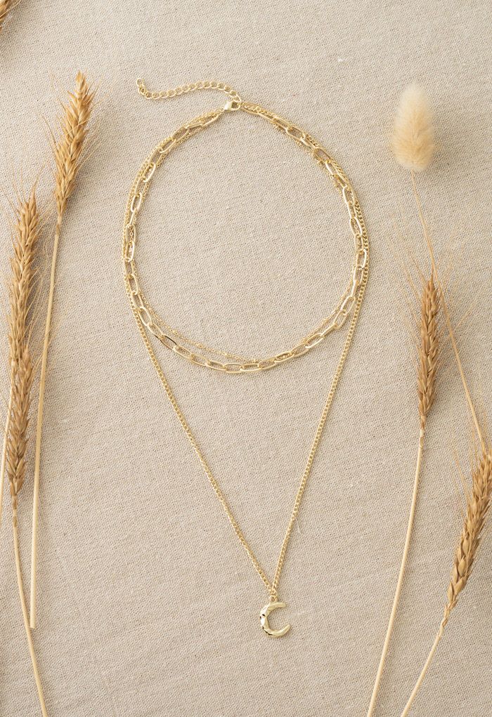 Gold Moon Chain Pendant Layered Necklace