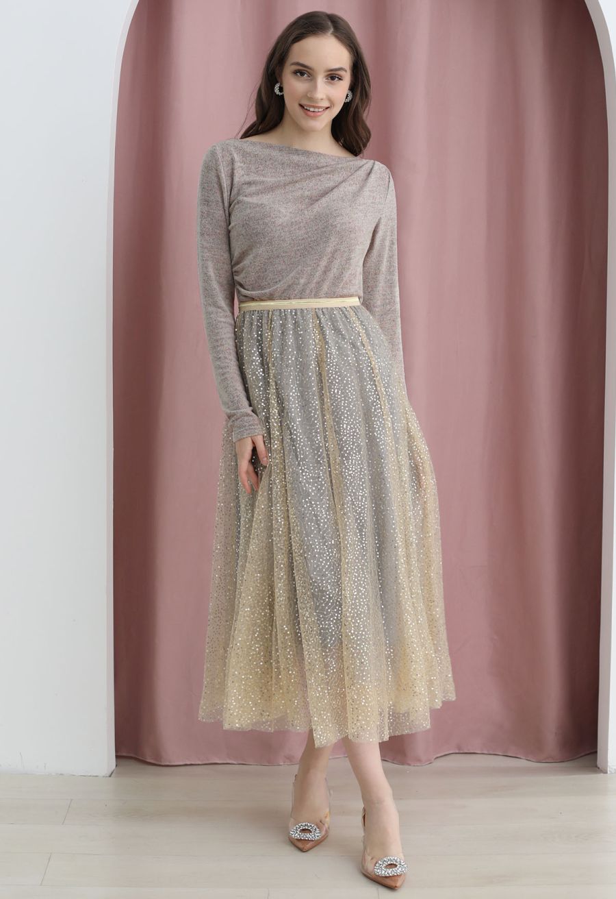 Shimmer Sequins Embroidered Mesh Tulle Pleated Skirt 