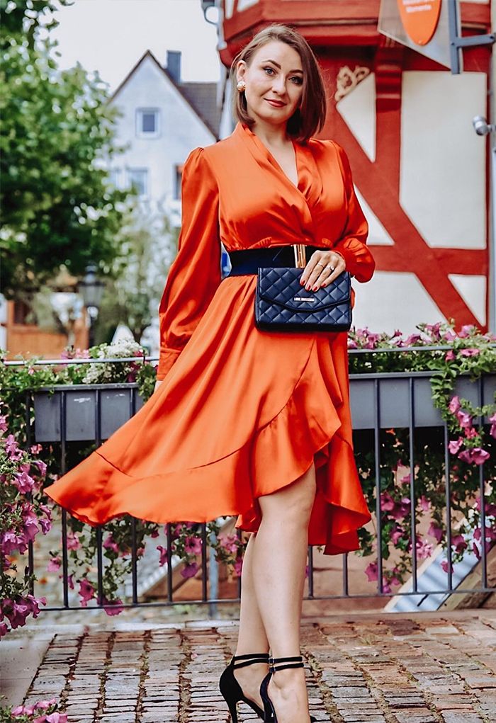 Asymmetric Ruffle Hem Wrap Satin Dress in Orange