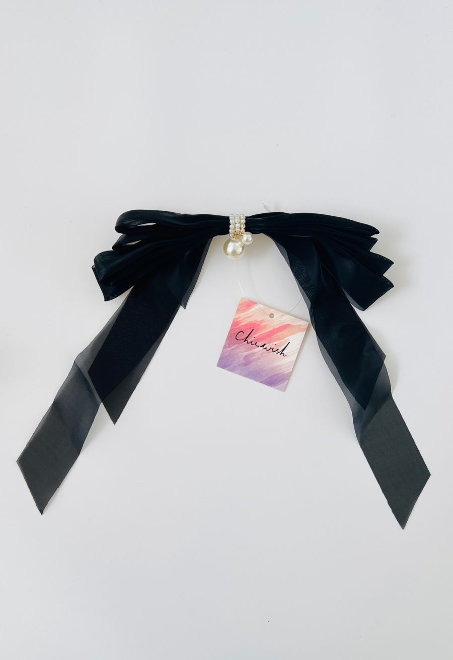 Organza Bowknot Pearl Hair Clip in Black