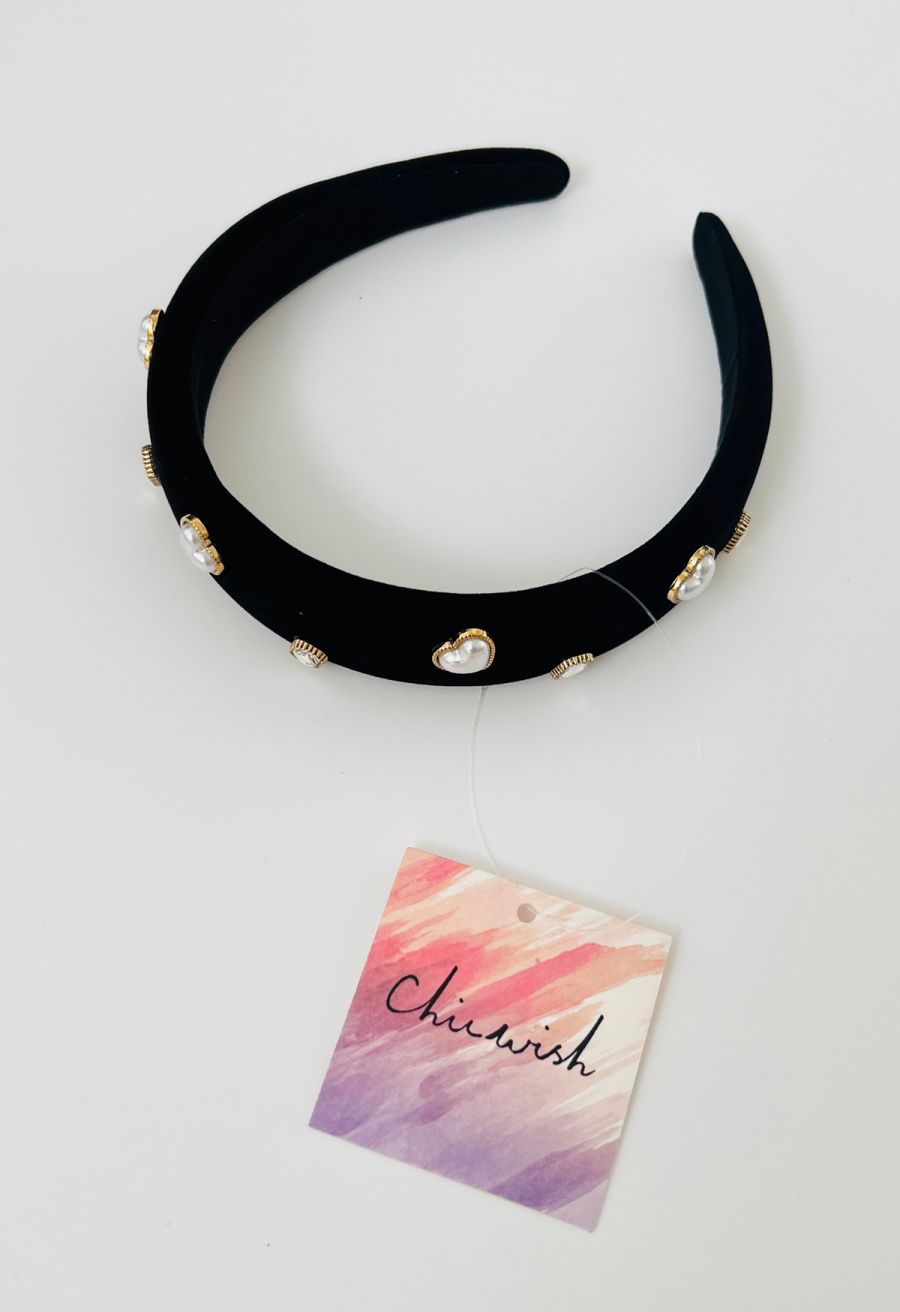 Rhinestone Pearly Velvet Headband in Black