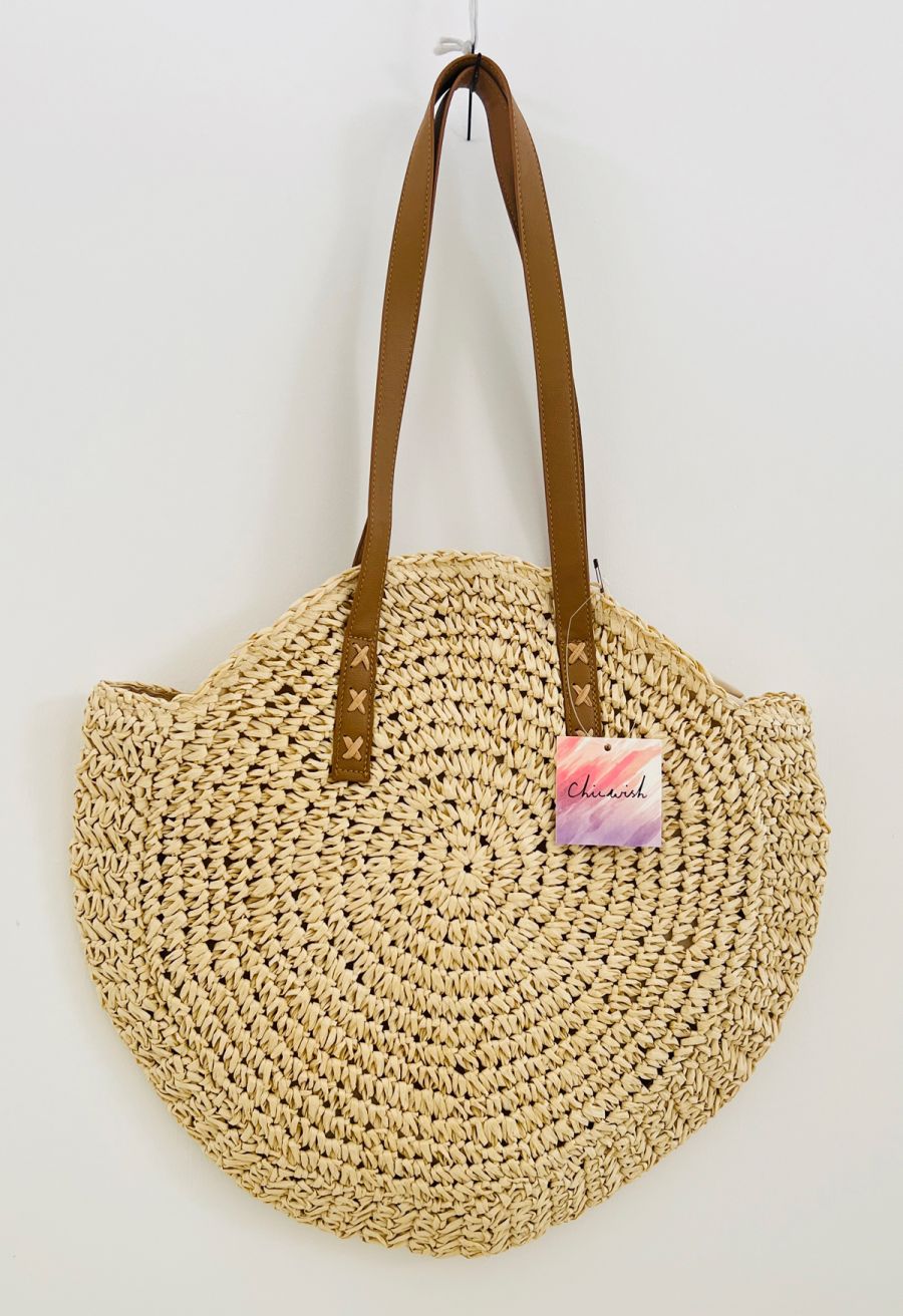 Round Woven Straw Shoulder Bag in Camel