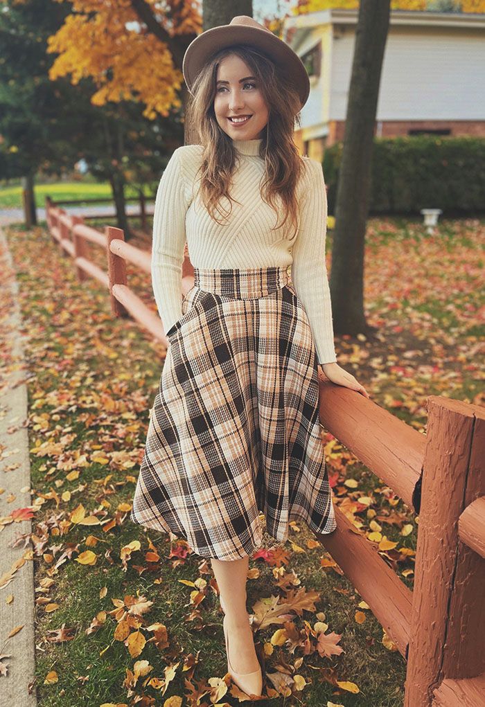 Plaid Tweed High-Waist A-Line Midi Skirt