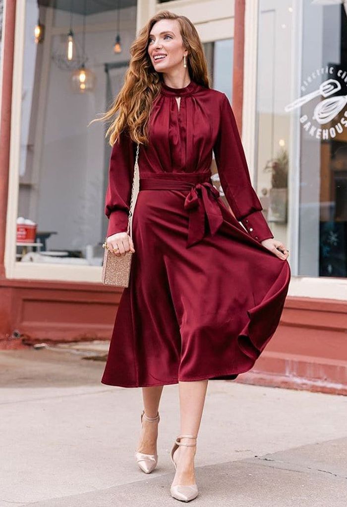 Grab the Spotlight Bowknot Satin Dress in Wine