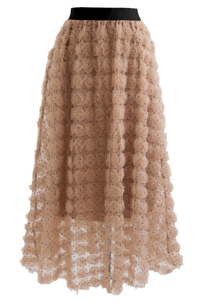 3D Rose Mesh Tulle Midi Skirt in Caramel