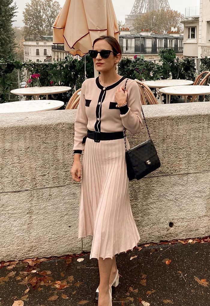 Belted Contrast Color Pleated Knit Dress