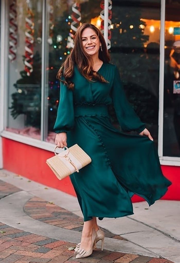 Satin Button Down Wrap Midi Dress in Dark Green