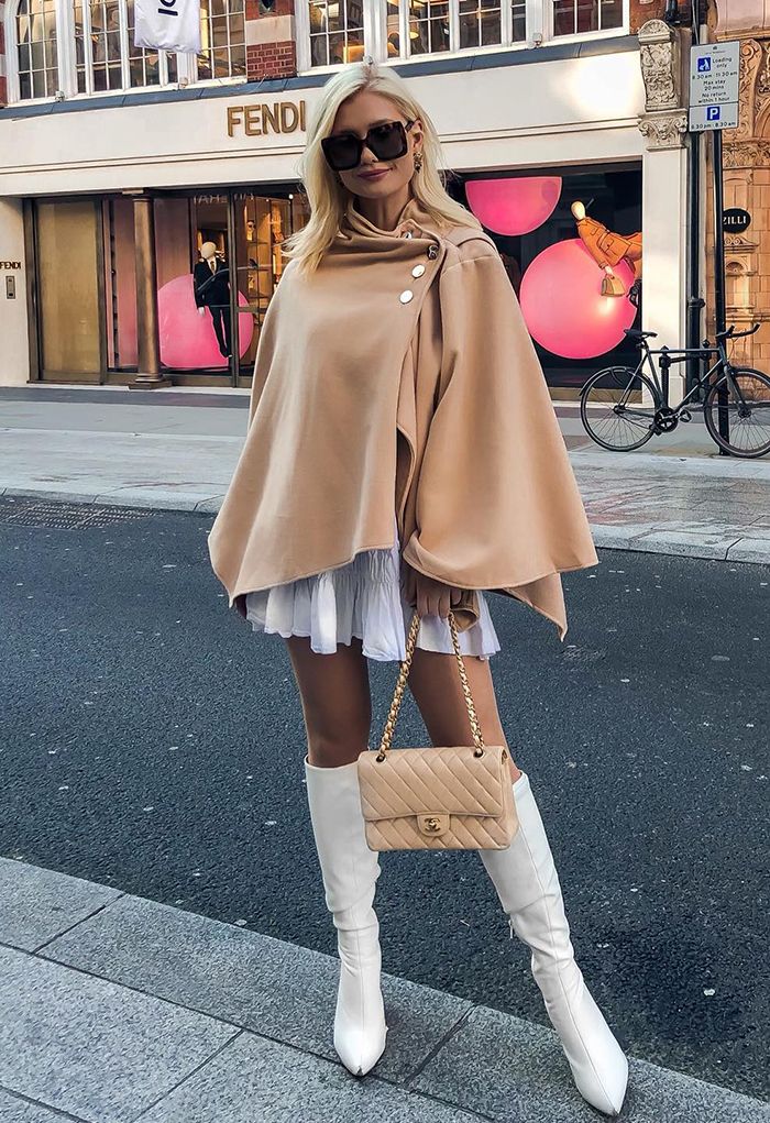 Asymmetric Hem Button Wrap Cape Coat in Light Tan