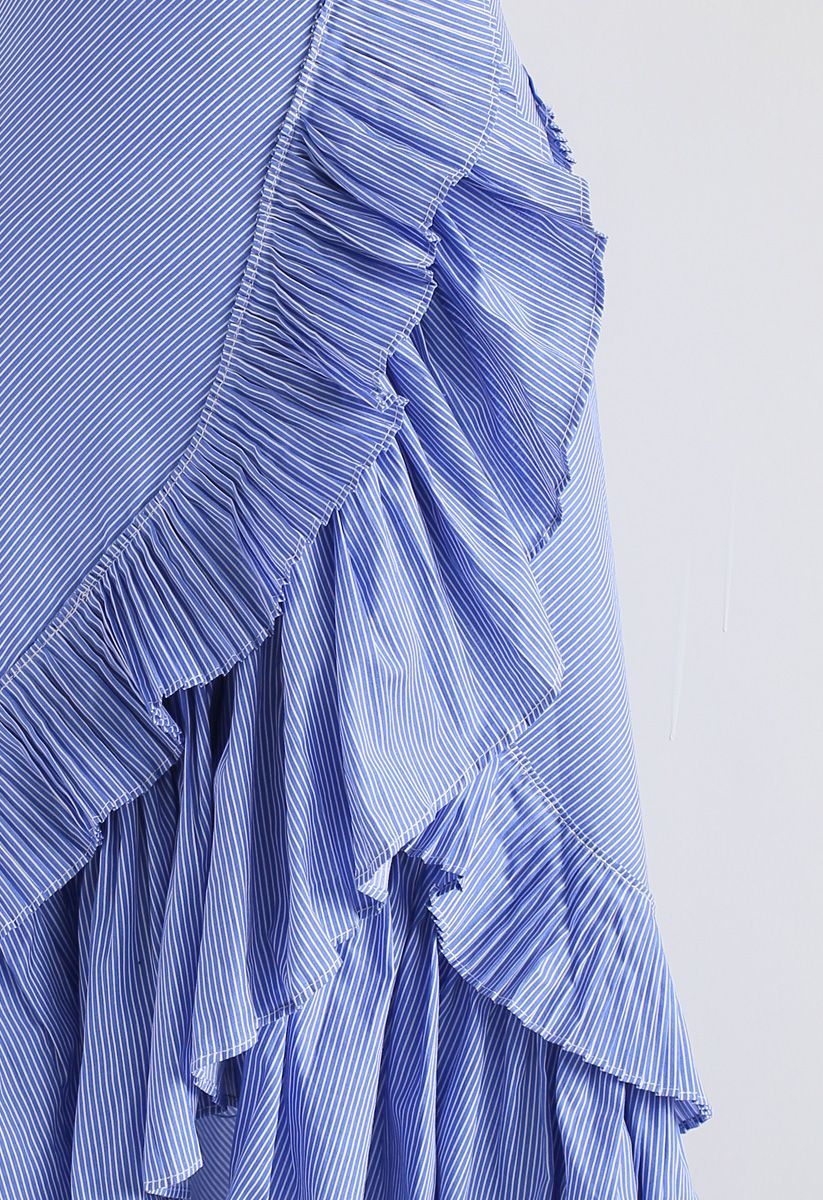 Applause of Ruffle Tiered Frill Hem Skirt in Blue Stripes