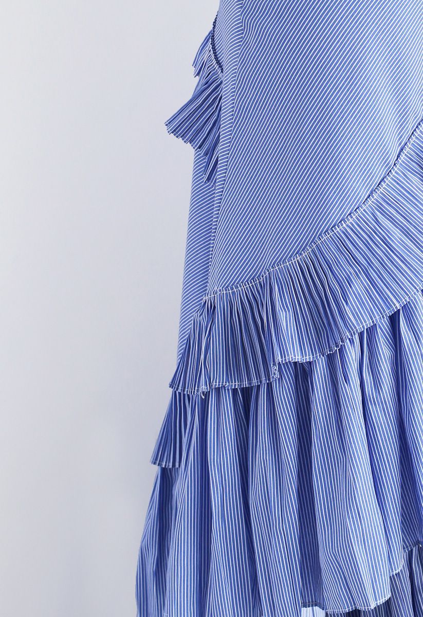 Applause of Ruffle Tiered Frill Hem Skirt in Blue Stripes