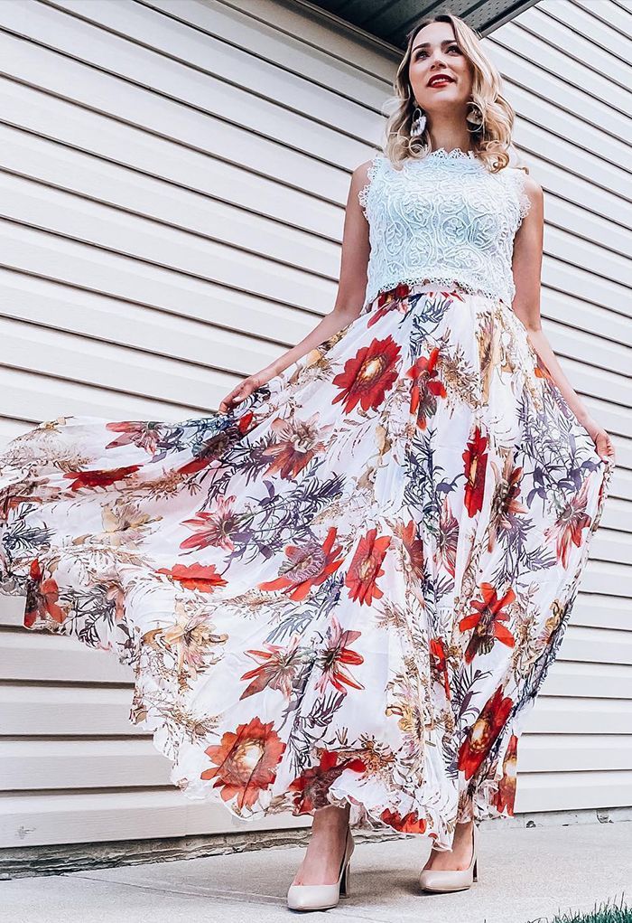 Red Floral Blossom Maxi Skirt 