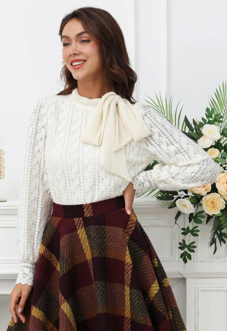 Fuzzy Lace Cutwork Side Bowknot Top