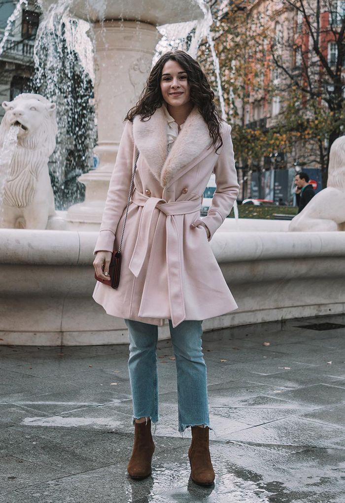 Faux Fur Collar Belted Flare Coat in Nude Pink