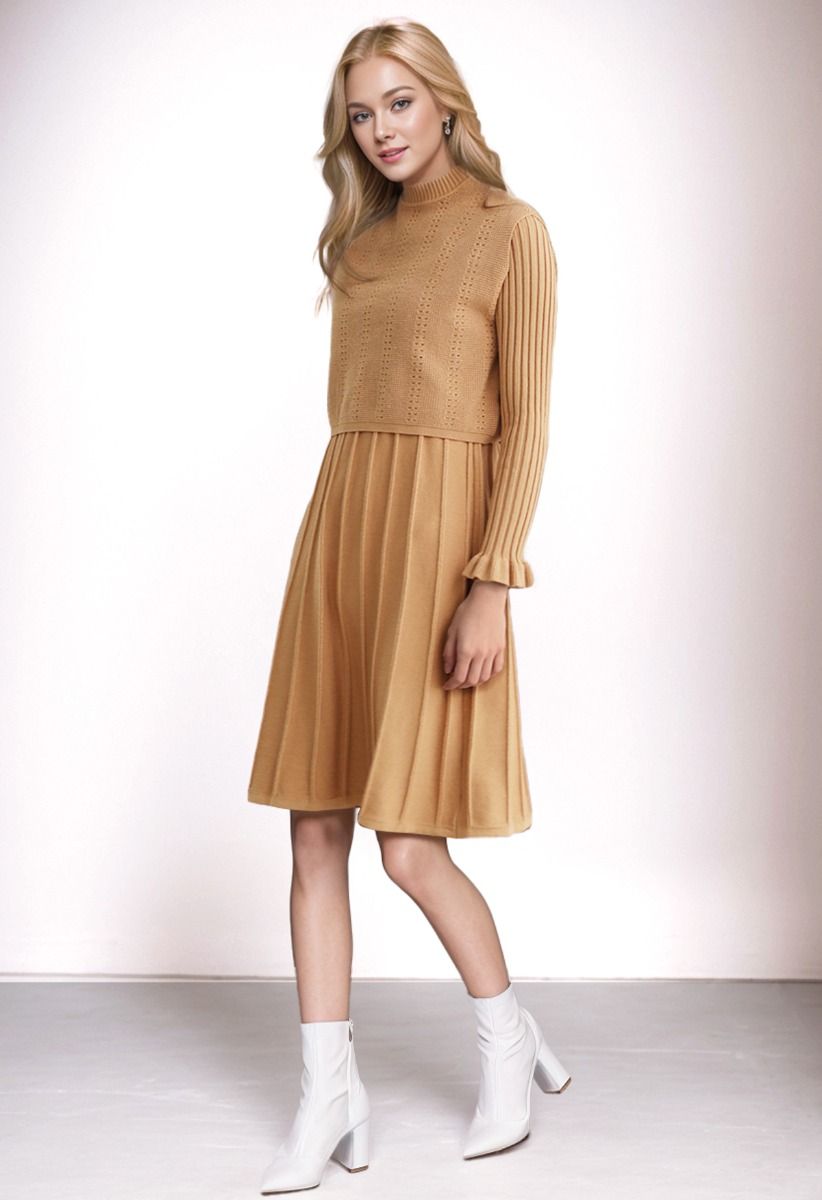 Mock Neck Pleated Knit Twinset Dress in Apricot