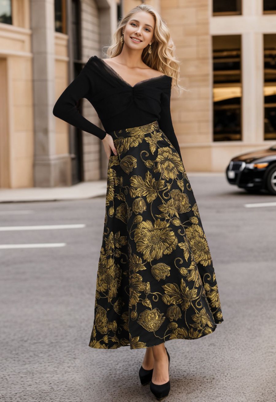 Golden Bouquet Jacquard Embossed Maxi Skirt