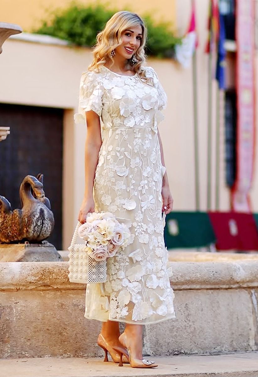 3D Floral Applique Mesh Tulle Mermaid Maxi Dress in White