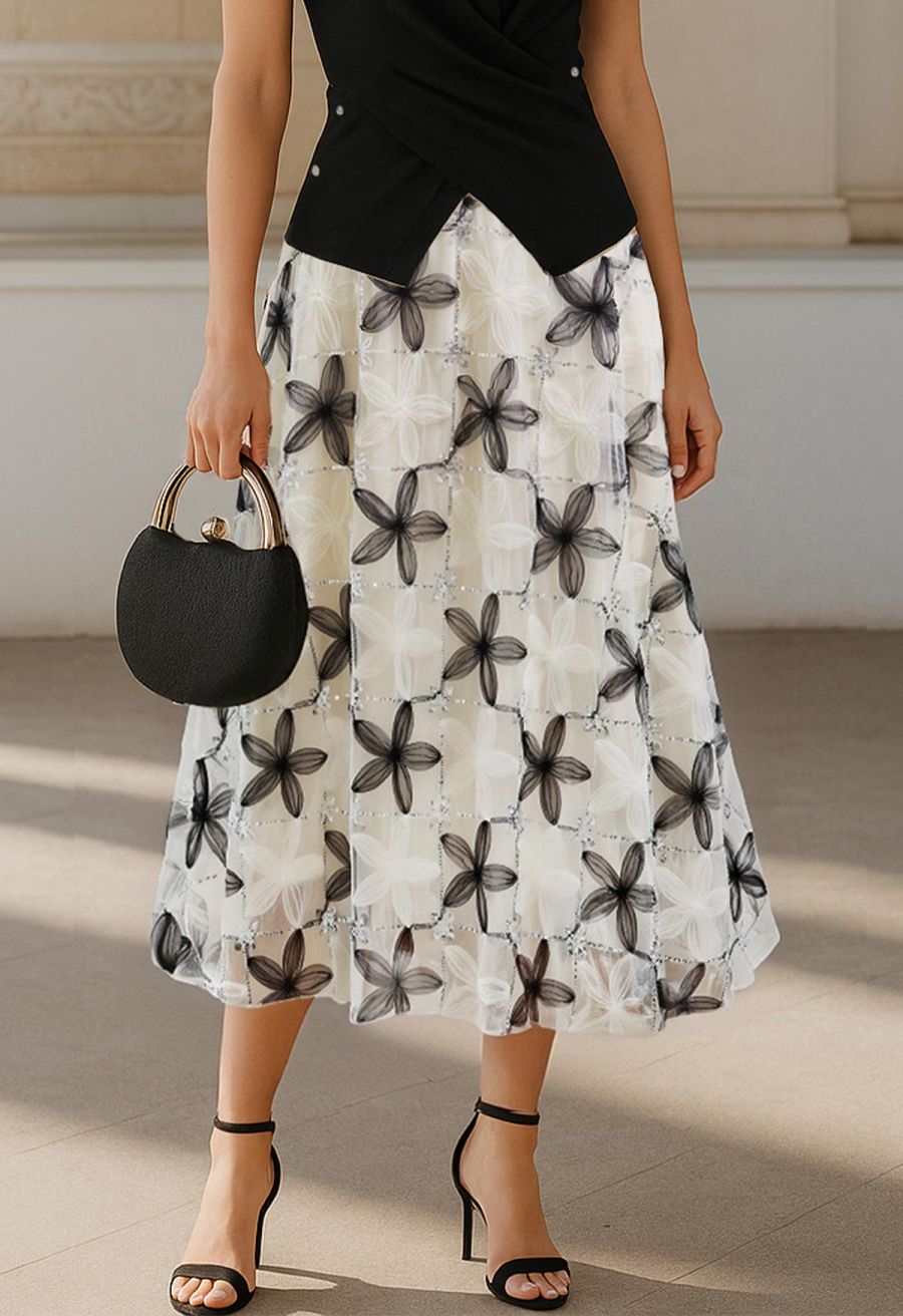 Floral Applique Sequin-Embellished Mesh Tulle Skirt in Black