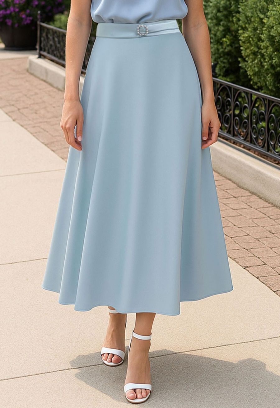 Subtle Pearl Square Buckle A-Line Skirt in Blue