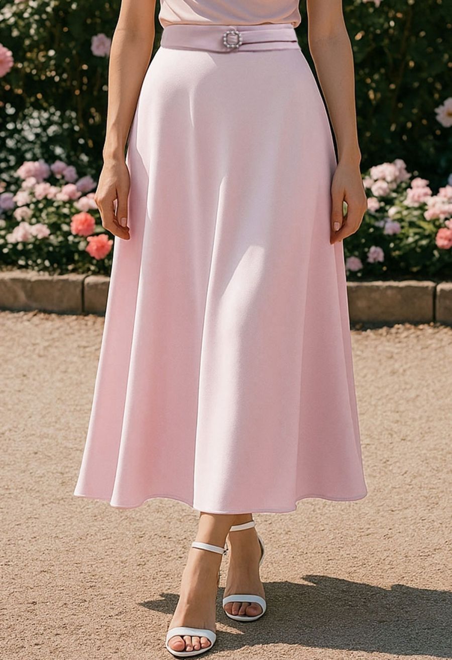 Subtle Pearl Square Buckle A-Line Skirt in Pink