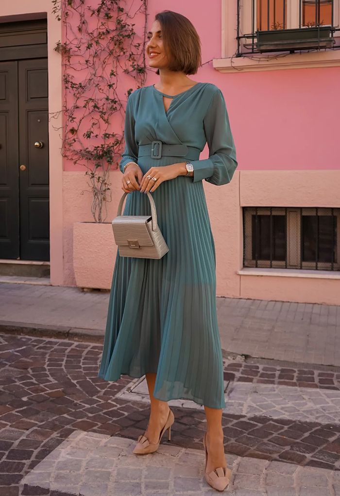 Flowy Chiffon Wrap Pleated Maxi Dress in Green