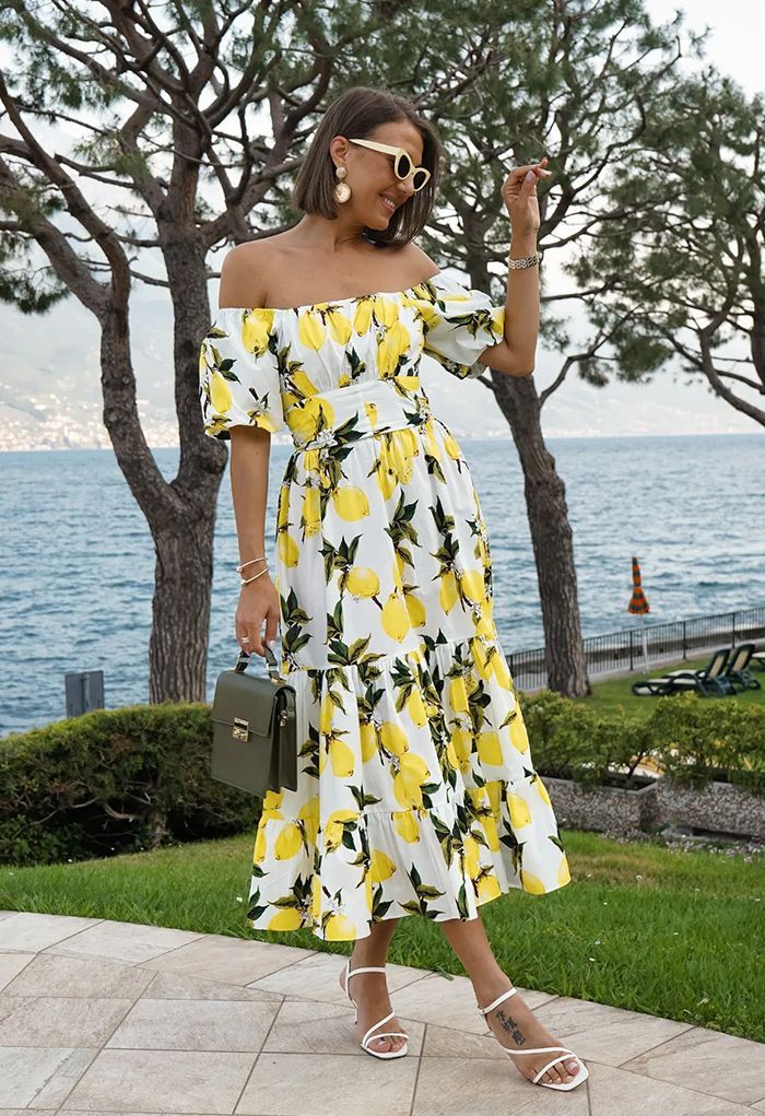 Off-Shoulder Bowknot Crop Top and Flare Skirt Set in Lemon Print