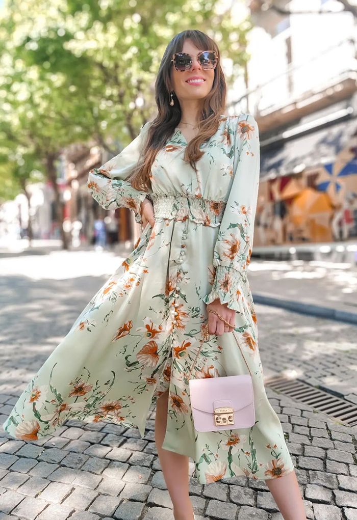 Blooming Bouquet Satin Button Down Wrap Midi Dress in Pistachio