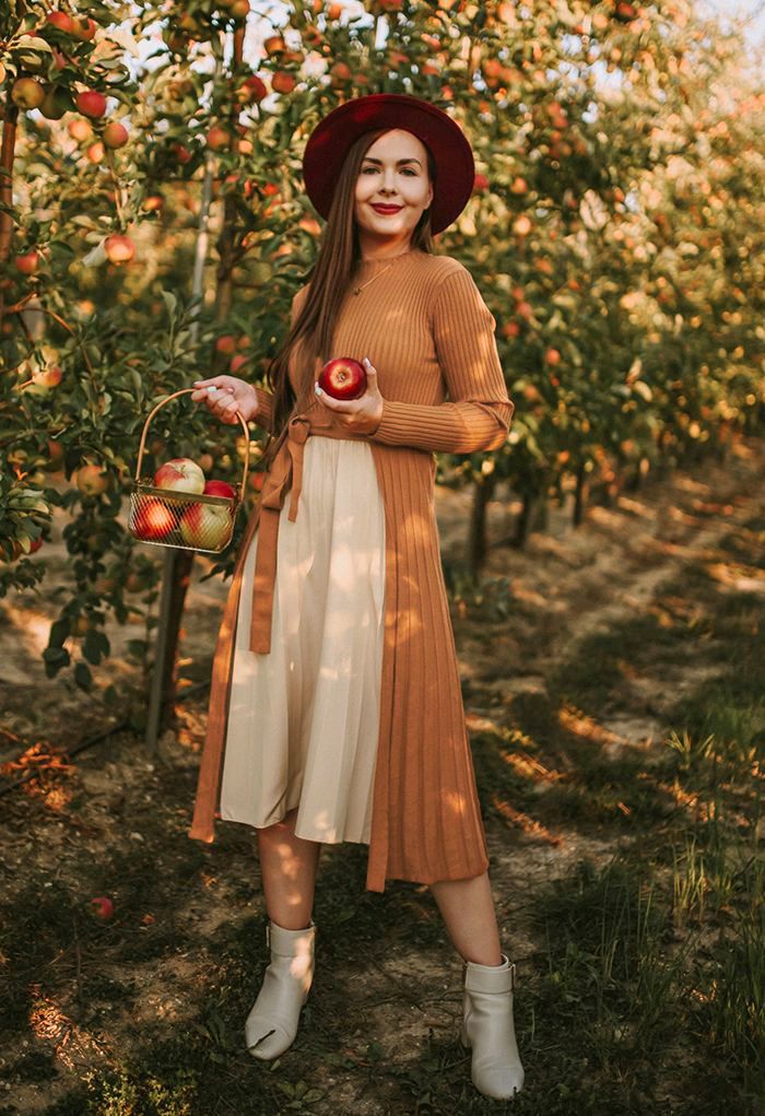Front Pleats Splicing Belted Hi-Lo Knit Dress in Caramel