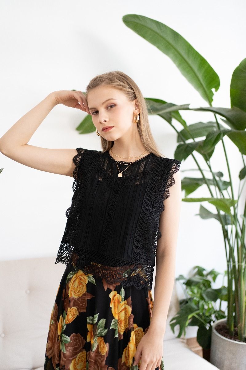 Crochet Trim Sleeveless Lace Top in Black