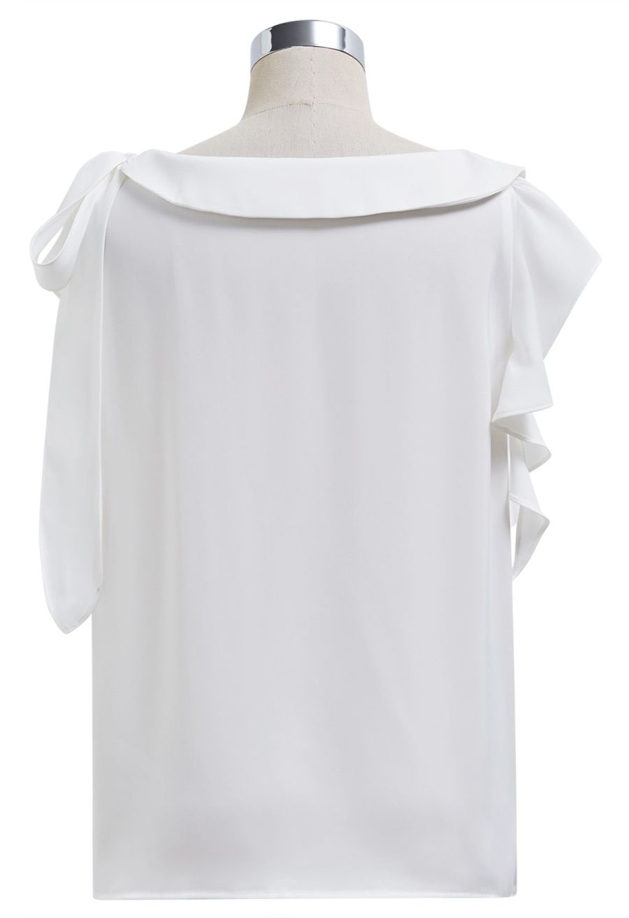 Side Knot Ruffle Sleeveless Satin Top in White